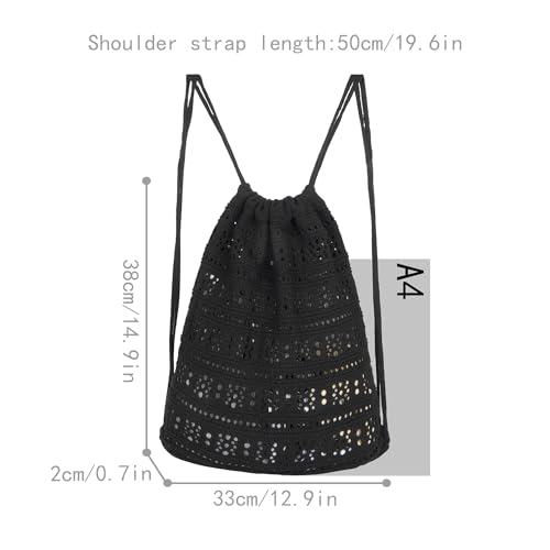 Lobagve Handmade Crochet Cotton Drawstring Backpack Boho Purse Leisure Daypack - color: Hollow Out-black