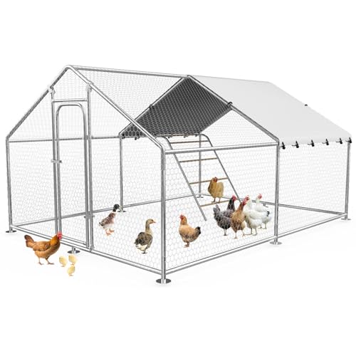 10 x 13.2 x 6.4 FT Metal Chicken Coop, Chicken Run with Cover | Walk-in Chicken Coop, Waterproof Cover, Side Hardware Cloth, Roosting Perch, reinforced frame, Backyard & Farm Use - size: 158.4"L x 119.4"W x 78.4"H