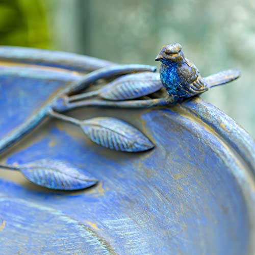 Zaer Ltd. Deep Well Made Metal Birdbath with 2 Cast Iron Birds and Leaf Decoration (Frosted Blue) - color: Frosted Blue