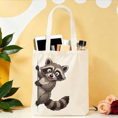 Cartoon Canvas Tote Bag, Gifts for Women Men Birthday Christmas Reusable Tote Shoulder Bag for Grocery Shopping 01 - color: Raccoon 471