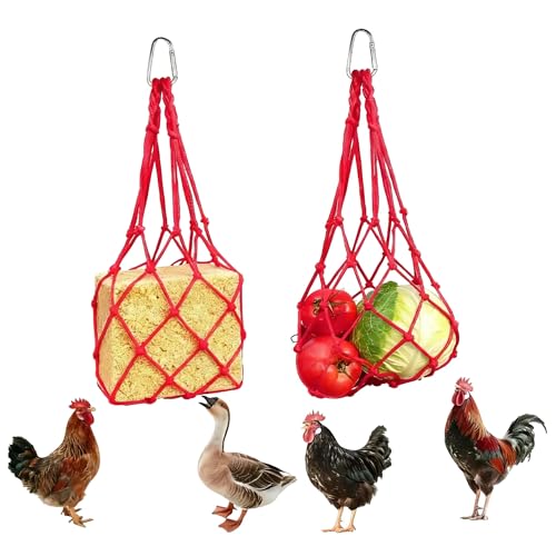Hanging Poultry Feeder Net 2pcs - Chicken Veggies Bag, Chicken Toy for Coops, Hanging Vegetable Bag, Enrichment Toy for Hens Ducks Coops (Red) - color: Red
