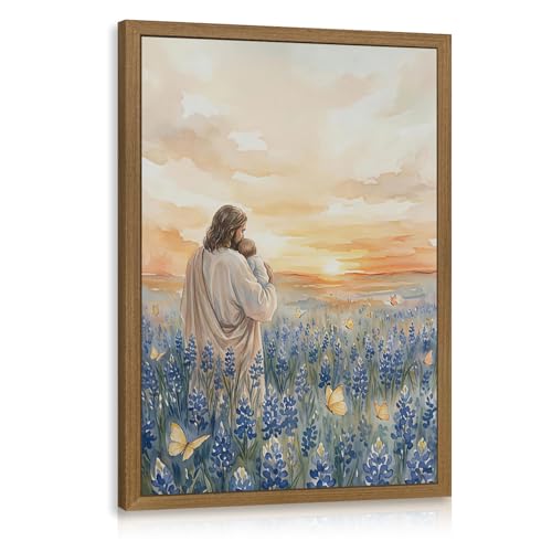 RLKHG Wood Framed Jesus Holding Child Wall Art, Inspirational Religious Faith Poster Print, Christian Nursery Wall Decor, Christian Flower Field Watercolor Artwork for Baby Room Church 16x24 Inch - color: JesusFlower, size: 24"L x 16"W