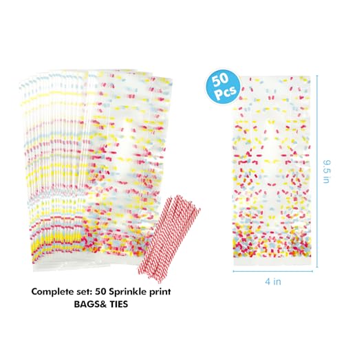 EKAPACKAGING 50 Pcs 4 X 9.5 Inches Sprinkle Print Goodie Bags Cellophane Candy Treat Bags With Ties - color: Sprinkle
