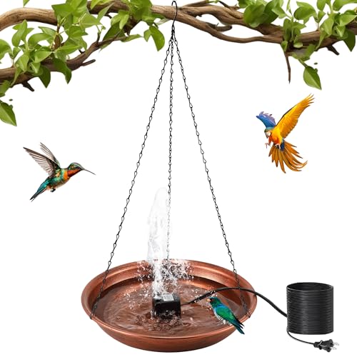 Bird Bath Fountain for Outside, Metal BirdBath Bowl with 8W Pump (Hanging | 24.8 Extra Large Hanging, Copper Metal Bird Bath Bowl with Adjustable 3 Water Flow Modes and 2 Spray Nozzles, Birdbath Feeder - style: Hanging