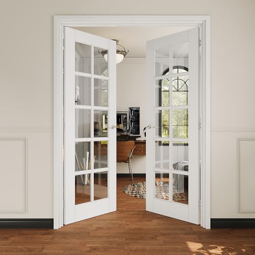 48x80 Interior French Door,10-Lite Clear Glass Doors,Living Room Doors | Satin Nickel Hardware-Privacy Door Lever w/ Lock, Latch&Hinges, Solid Core,Tempered Glass,No PreDrill,Jamb Assembly Required - color: 10 Lite, Silver Hinges, size: 48x80 for 50x82 op