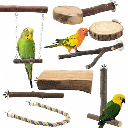 8 Pcs Natural Wood Bird Perch Swing & Bird Rope Platform Set | Fits Small/Medium Parrots (Budgies, Conures) | Multi-Level Cage Gym for Climbing | Safe Chewing | Tool-Free Mount - size: Swing & Rope Set - 8PCS