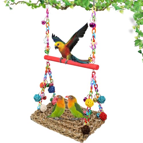 Bird Swing Mat with Wood Perch, AHIER Seagrass Bird Hammock for Conures with Chewing Toy for Parakeets, Budgie, Cockatiel Cage Accessories (Rose-Pink Pole) - color: Rose-Pink Pole