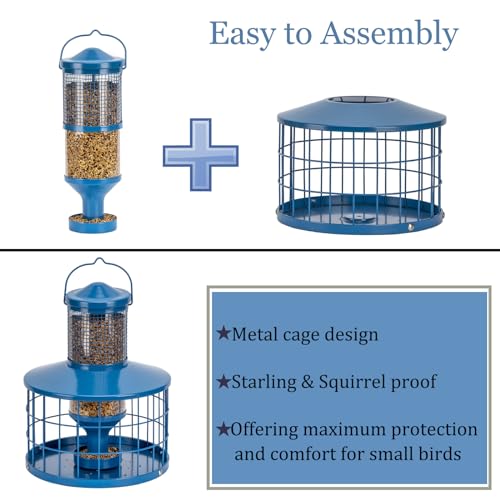 Caged Bird Feeders Squirrel-Proof, Metal, 2.8 Lbs Capacity-Cage Tube Seed Feeders with Tray Outdoor Hanging, Attract Birds,Detachable Cleaning, Starling Proof Wild Bird Feeder（Blue） - color: Blue