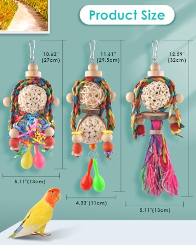 Bissap 3PCS Bird Parrot Foraging Shredder Hanging Toys Sola Balls with Sand Hammer for Small Parrots Parakeets Conures Cockatiels Love Birds Cage Toy - size: 3 PCS