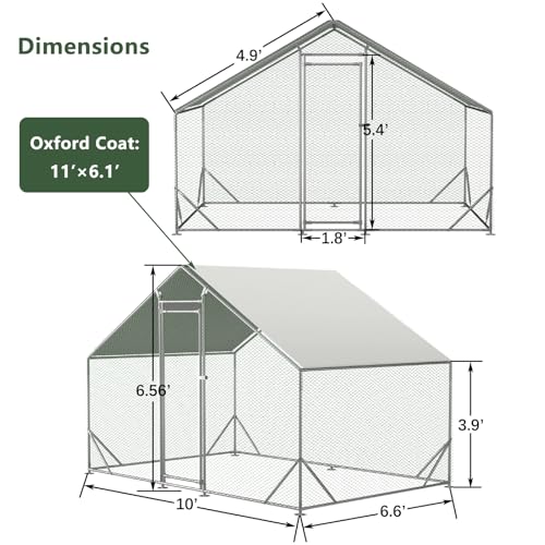 10' x 6.6' Large Metal Chicken Coop, Outdoor Heavy-Duty Chicken Run with Waterproof Oxford Cover & Secure Lockable Door, Walk-in All-Weather Poultry Cage for Hens, Ducks, Rabbits, Silver - color: Silver B, size: 120.0"L x 79.2"W x 79.2"H