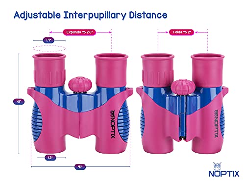 Binoculars for Kids, Girls or Boys Real Kids Binoculars in Vibrant Pink Blue - includes Sticker Book with 40 Bird Species - Kids Toys Small Binoculars, Toddler Binoculars - color: Pink and Blue