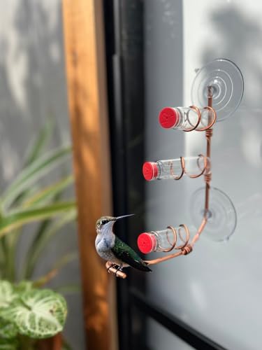 Window Hummingbird Feeder | Handcrafted Copper and Aluminum | Multiple Stations | Modern Hummingbird Feeder | Glass Bottles | Suction Cups (Copper, Three Station) - size: Three Station - Standard Perch