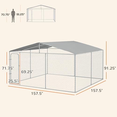 PawHut Outdoor Dog Kennel for Large Breeds 13' x 13' x 7.5' | Heavy Duty Dog Run Outdoor Fence, Waterproof Cover, Galvanized Chain Link, Secure Lock, for Chickens, Ducks - size: 157.5"L x 157.5"W x 91.3"H