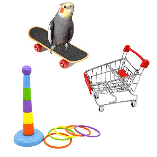 Hypeety 3 Pack Bird Intelligence Toys Stacking Training Rings Mini Shopping Cart Skateboard Stand Perch for Parrot Parakeet Cockatiel Conure Budgie Cockatoo (B) - color: Intellective Toy B