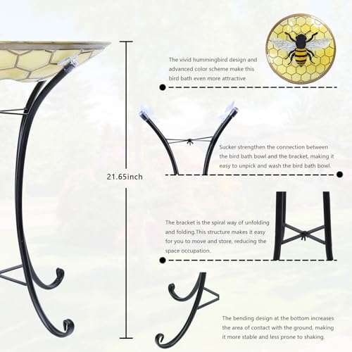Glass Bird Bath with Metal Stand, Outdoor Feeder Garden Decor, Bee | Glass Large Bird Baths Bowl with Metal Stand for Outdoors, Bee Patterns Bird Feeder for Outside Garden, Patio Decor - color: bee
