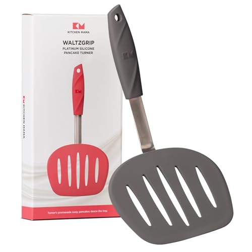 Kitchen Mama WaltzGrip Platinum Silicone Pancake Spatula Turner, Metal Gray | Heat-Resistant, Slotted Tapered Head, Stainless Steel Core, Durable and Dishwasher-Safe, For Flipping and Wok Use - color: Metal Gray