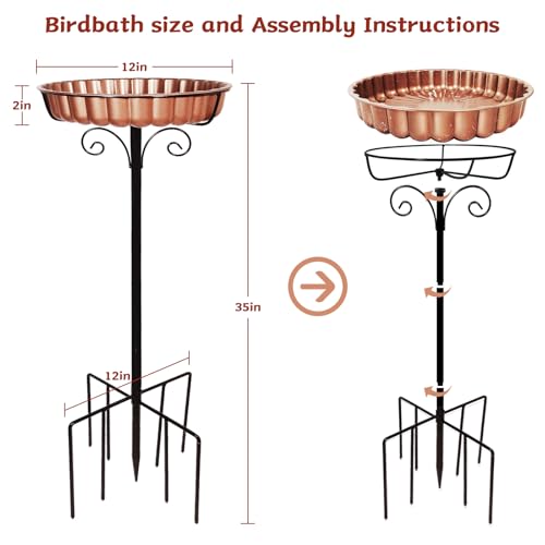 Rust-Proof Bird Bath with Metal Stand Outside, Copper-Tone Bowl, Outdoor Garden Pedestal Bird Baths 9-Pronged Base
