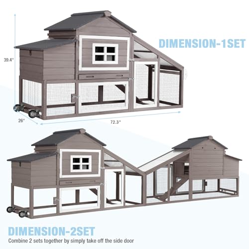 Large Chicken Coop with Run, Mobile Chicken Tractor with Wheels, Wooden Hen House with Waterproof Roof, Nesting Box and Pull-Out Tray, Poultry Cage for 4 Chickens, Rabbit/Bunny Hutch (Brown) - color: Brown