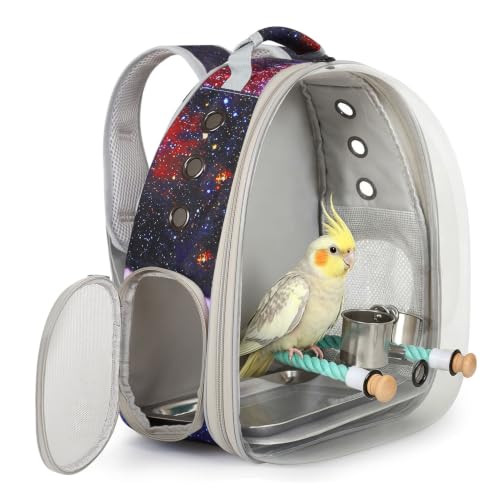 Galaxy Bird Carrier Backpack, Water and Food Cup, Tray and Perch, Clear Bubble Space Capsule Travel Bag - color: Galaxy Blue