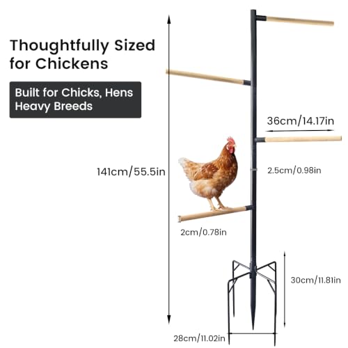 Chicken Perch Stand for Coop, 55 in Heavy Duty Poultry Roosting Stand with 5-Leg Ground Stake Base, 4 Wooden Perches, Outdoor Chicken Roost Stand for Hens & Chicks