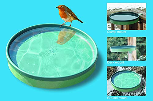 Farm Innovators Heated Bird Bath, 1 Quart Capacity, Outdoor Decor Shallow Bath Tray for Birds - Birdbath with Deck, Clamp, and Ground Mount Options | Thermostatically controlled, innovative design allows for 3 different mounting options: deck, clamp and g