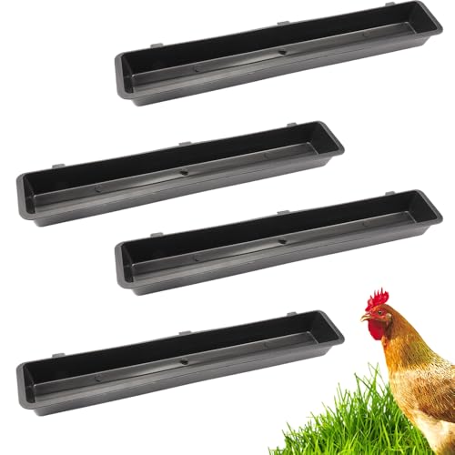 4 Pack Chicken Cage Tray Plastic Feeder No Waste Feed Trough for Chicken Duck Goose Small Poultry Livestock (Black, Length 19.7 inches)