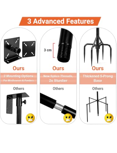 95 Inch Squirrel Proof Bird Feeder Pole, Heavy Duty 1-Inch Diameter Bird House Pole with Squirrel Baffle,2 Shepherd Hooks & Dual Mounting Plates for Smart Bird Feeders, Birdhouses and Weather Stations - size: 95Inch -With baffle-1