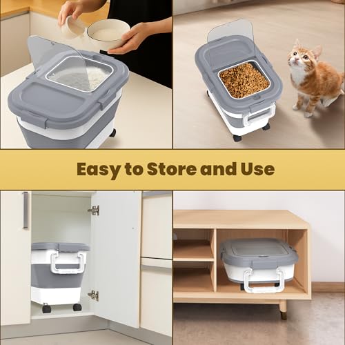 HOYTAMDA 20-30Lbs Rice Container,Collapsible Food Storage Container Wheels | Rice Storage Container with Airtight Locking Lid,Handle,Small Bin &Scoop,Rice Dispenser for Flour Sugar Cereal Grain Dog Cat - color: Grey/20-30lbs