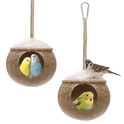 Yesland 2 Pack Coconut Bird Nest Hut with Loop, Coconut Fiber Hanging Birdhouse Cage, Anti-Pecking Bite Coconut Bird Parakeet for Parrot Parakeet Lovebird Finch Canary, Pet Cage Habitats Decor