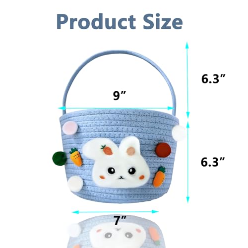 Easter Bunny Baskets for Kids, Baby Easter Empty Egg Basket with Handle, Woven Rope Cute Treasure Egg Hunt Baskets for Boys Girls Toddler, Easter Gifts, Blue - color: Blue