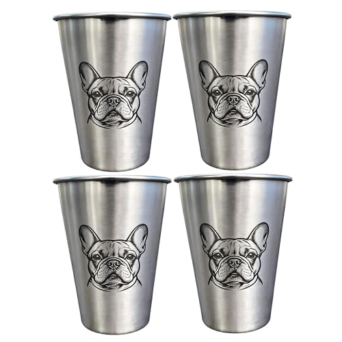 4 Pack 16oz Conical Stainless Steel Cups - Laser Engraved Animals, Stackable Durable Metal Cold Drink Cups for Parties & Outdoor Events (French Bulldog) - color: French Bulldog