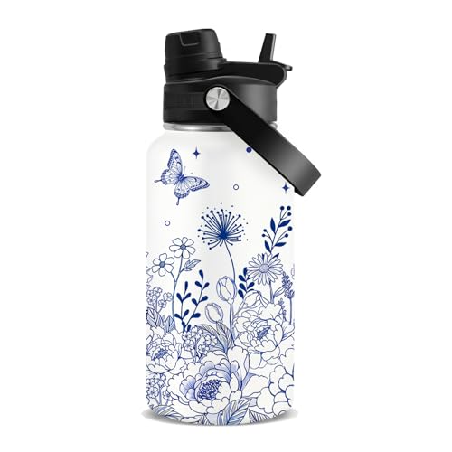 Blue Flower Gift for Women, 26oz Water Bottle with Handle for Girl Friends - color: Flower-Blue