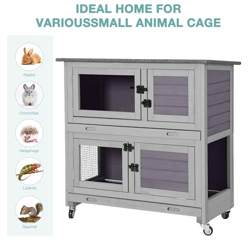 Suumerpety 2-Tier Wooden Rabbit Hutch Indoor Bunny House Guinea Pig Cage with Sliding Plastic Trays Wheels for Easy Cleaning Ventilation Design and Mobility, 36 Inch Small Animal Home (Grey, M) - color: Light Grey