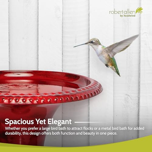 Headwind Metal Bird Bath for Outside – 18" Ironstone Cayenne Red Birdbath Bowl for Outdoors, Decorative Garden Bird Fountain, Yard Decor or Patio by Robert Allen - size: 18 Inch
