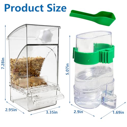 Hamiledyi No Mess Bird Feeders Water Dispenser Set Automatic Parakeet Cage Feeder with Perch Transparent Acrylic Container Parrot Cage Accessories for Canary Budgie Lovebirds Finches - color: Feeder + Drinking Bottle