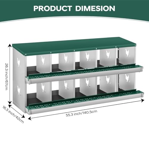 Garvee Chicken Nesting Box, 10 Compartments Nesting Box for Chickens, Galvanized Steel Chicken Laying Box for Easy Egg Collection, Wall Mounting - color: Green | 10 Compartment