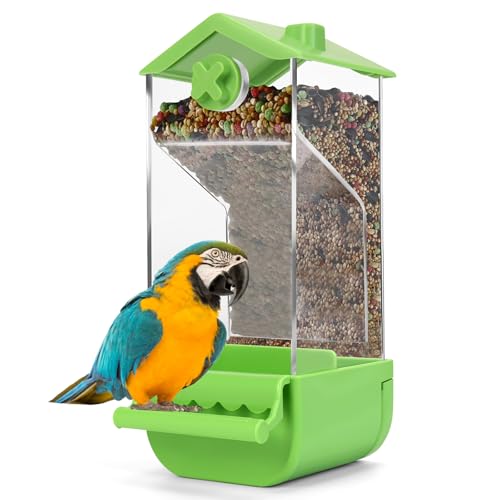 Yummy Sam Automatic Bird Feeder with Perch for Cage, No Mess Acrylic Transparent Bird Cage Feeder, Parrot Seed Feeders Food Container Cage Accessories for Small Medium Birds Parrot Cockatoo Canary - color: Green Clear