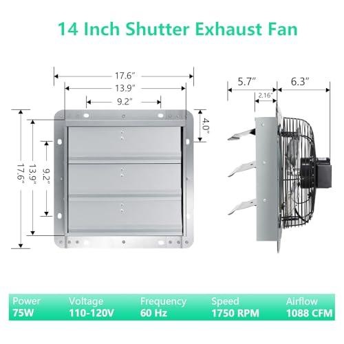 Shutter Exhaust Fan 1750 RPM,1088 CFM,14 inch Louvered Exhaust Fan with ON/OFF Switch, Attic Ventilator Fan for Greenhouse, Garage, Barn, Shed,Chicken Coops Ventilation Fans - color: With ON/OFF Power Cord, size: 14inch