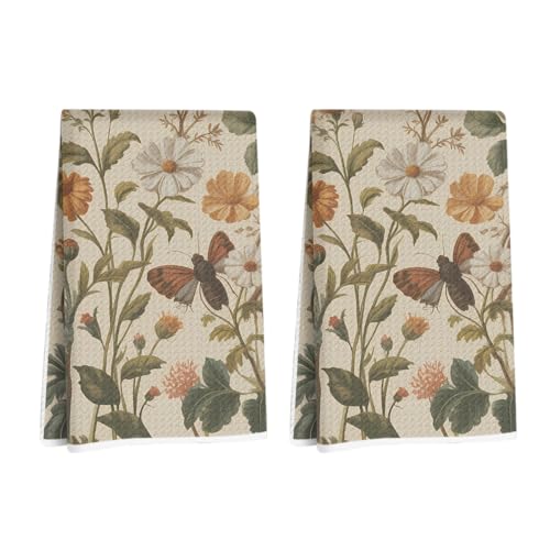 2 Pcs Flower Butterfly Kitchen Towels Decorative Hand Towels | Waffle Soft Tea Towel for Home, Bathroom, Absorbent Microfiber Dish Cloth, Housewarming Gifts for Women, Mom, Friend - color: Multi 1217