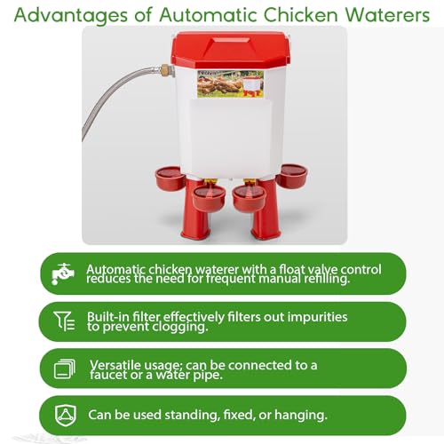 Automatic Chicken Waterer,Valve-Controlled Large Watering System with Stainless Steel Metal Hose,Suitable for Quail,Ducks,and Other Poultry，Hanging/Standing Use