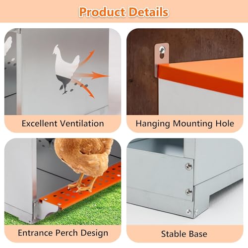 6 Bay Orange Metal Nesting Box, Wall Mount Chicken Nest for Hens & Ducks, Heavy Duty Galvanized Steel with Hen-Shaped Vents & Coconut Fiber Pad, Easy Assembly (Orange/Silver) - size: 31.8” L x 17” W x 25” H