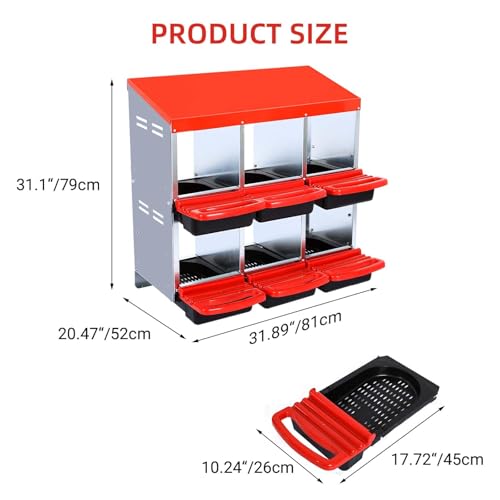 6-Compartment Chicken Nesting Boxes, Metal Hen Laying Boxes with Roll-Away Egg Tray, Lockable Lid, Easy-Clean Design for Coop and Farm - color: Red, size: 6 holes without Legs
