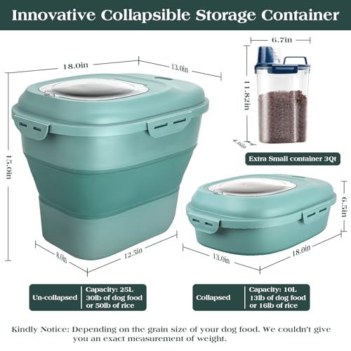TIOVERY Dog Food Storage Container, Airtight Collapsible 13lb to 30lb Pet Food Container with Flip Top, Rolling Wheel, Scoop and 3L small container for Dog Cat Food and Dry Food of Rice, Flour - color: Green