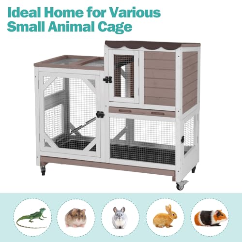 Rabbit Hutch Indoor for 2-4 Rabbits & Guinea Pigs，Bunny Cage with Slide-Out Plastic Trays，Wooden Small Animal Cage for Rabbits, Bunnies, and Guinea Pigs - color: (Brown-AIR7013)