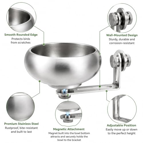 Magnetic Stainless Steel Bird Food Bowl for Cage, No Drill Removable Metal Feeder Cup for Parrots, Cockatiels, Conures, Budgies and Lovebirds, 150ml,4246-1 - color: Silver