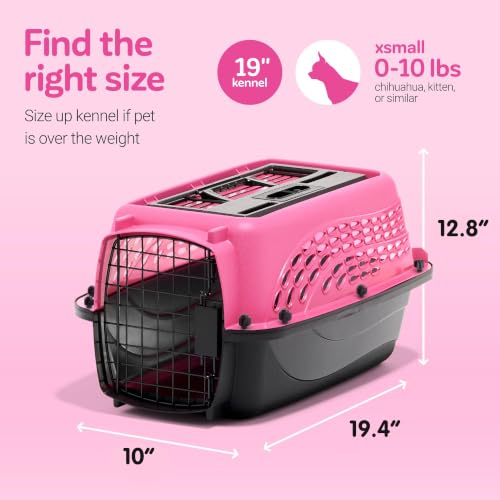 Petmate Dog Crates for Small Dogs & Cat Carriers, Two-Door Plastic Pet Kennel, Top & Front Loading, XS 19" For Dogs Up To 10 lb, Pink | Plastic pet kennel made in USA, for small pups and kittens, dual entry design, great for travel and vet trips, easy acc