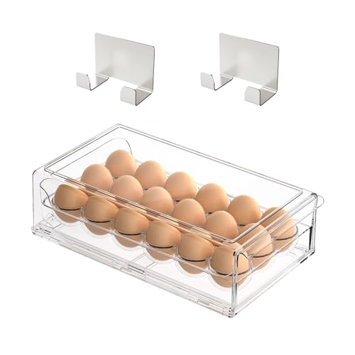 BPA Free Stackable Egg Container - 18 Egg Refrigerator Organizer with 2 Kitchen Hooks, Clear - style: Modern+Simple