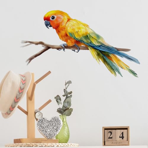 Colorful Parrot On A Branch Bird Wall Decal Animal Wall Sticker | Removable, waterproof, vinyl peel and stick wall art for nursery, baby room, classroom, preschool, living room, and playroom
