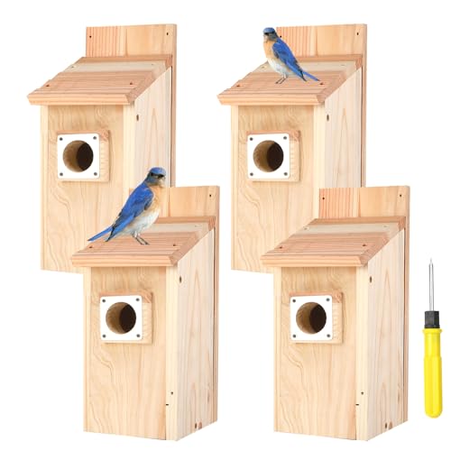 4-Pack Bird Houses for Outside with Metal Predator Guard, Birdhouses for Outdoors for Bluebird, Wren, Swallow, Finch - Natural Wood