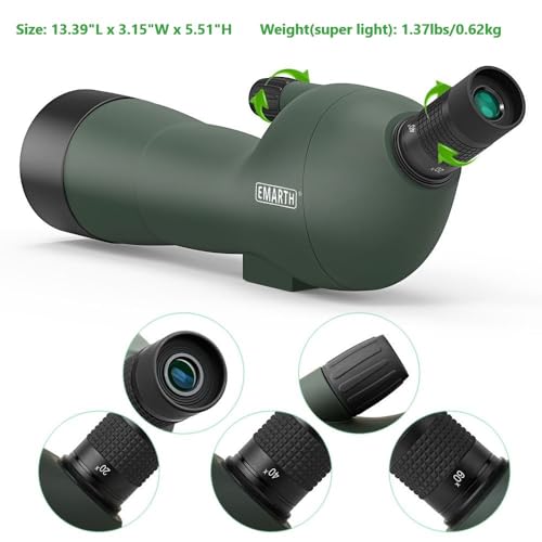 20-60x60 Angled Spotting Scope for Target Shooting, Spotting Scope w/Tripod 14" Tabletop/Carry Bag, 1.37lb Light Spotter Scope, Waterproof Spotting Scopes for Hunting/Birding/Wildlife View